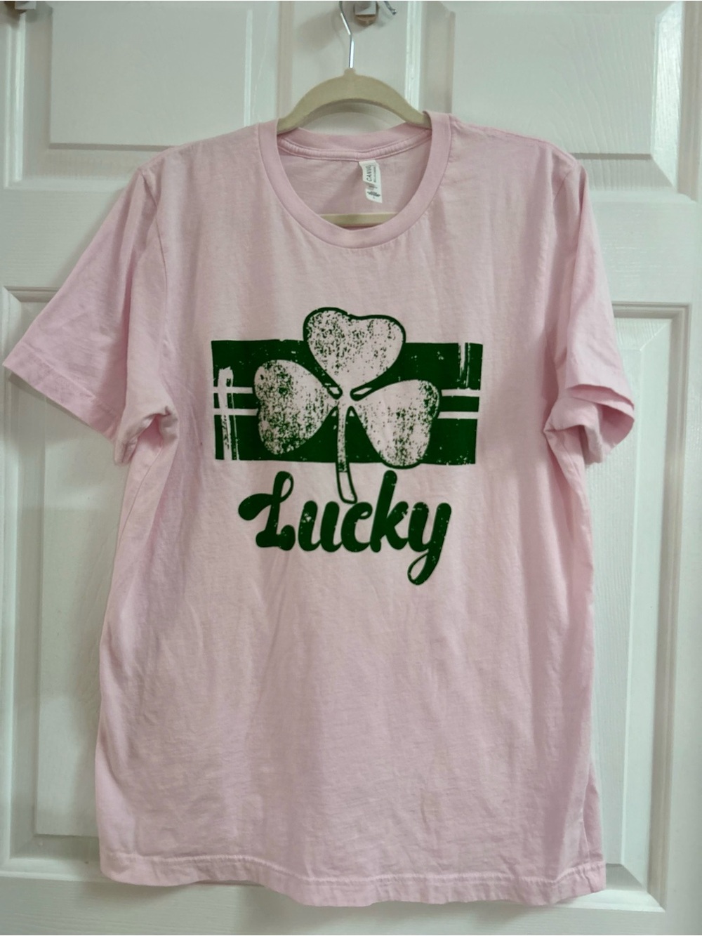 Bella Canvas Pink Tee with Green Shamrock Lucky Graphic
